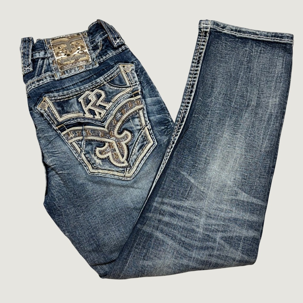 Rock Revival Jase Straight Jeans Mens 31x30 Embroidered Heavy Stitch Y2K Edgy